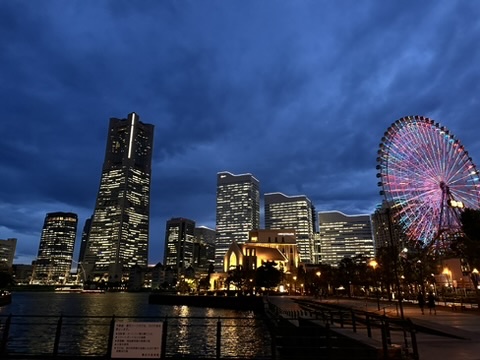 The Yokohama skyline and ferris wheel at night